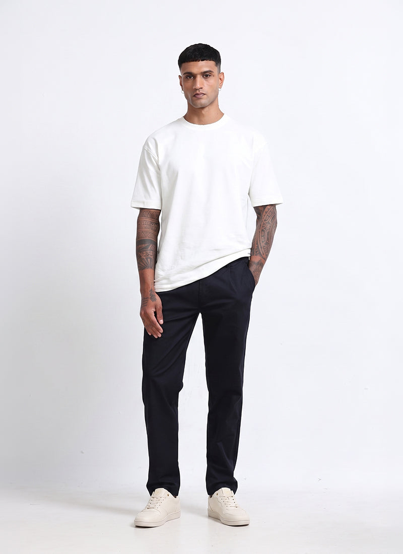 Untitled-AIRY TWILL LYCRA Regular Fit Drawstring Trousers Navy Blue-Front View