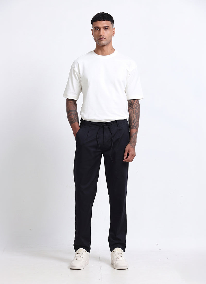 Untitled-AIRY TWILL LYCRA Regular Fit Drawstring Trousers Navy Blue-Model Front View