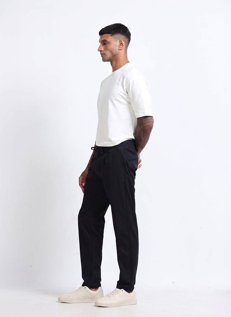 Untitled-AIRY TWILL LYCRA Regular Fit Drawstring Trousers Navy Blue-Model Side View