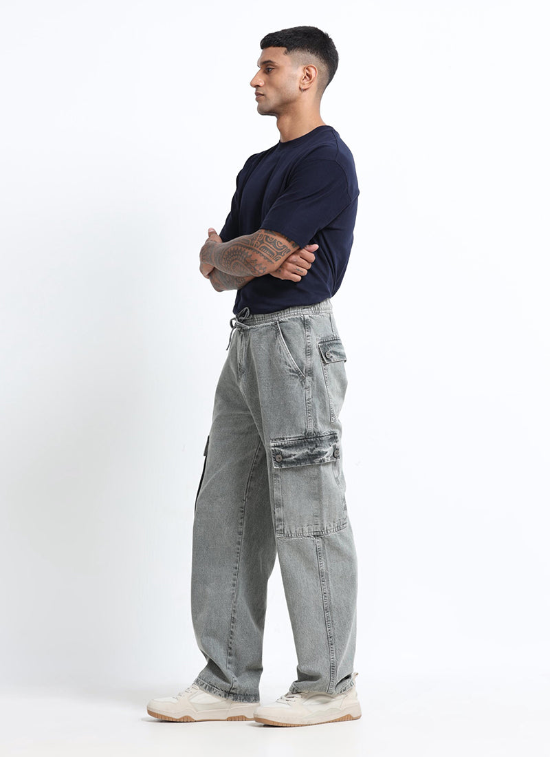 washed grey denim cargo jeans