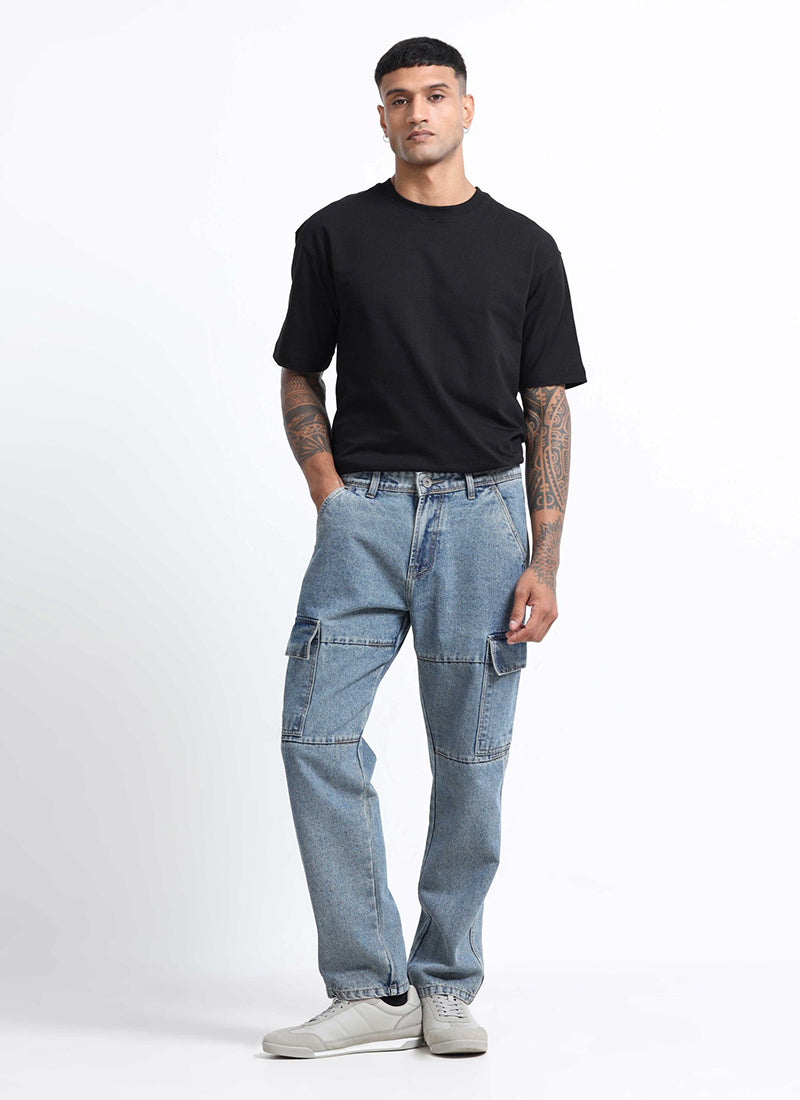 light wash blue denim cargo jeans