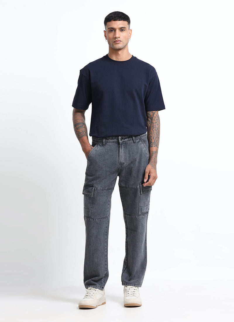 washed grey denim cargo jeans
