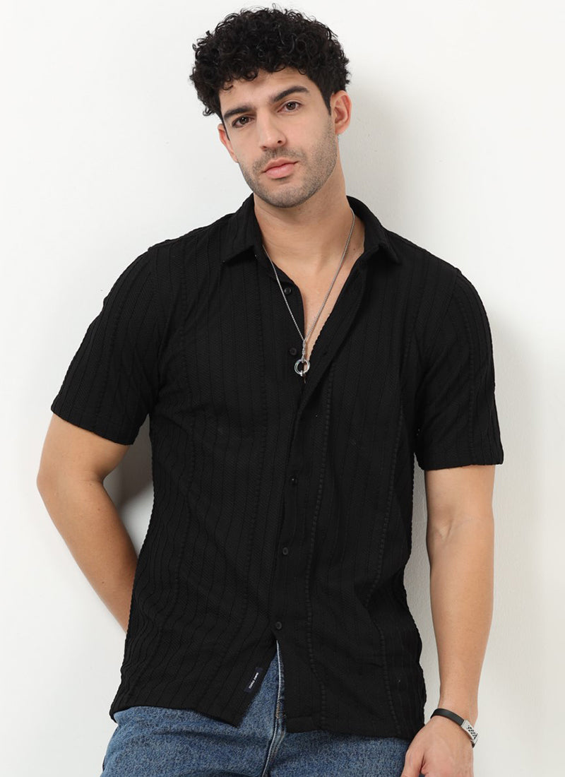 VERTIX Striped Textured Shirt Black Anthracite_Front View