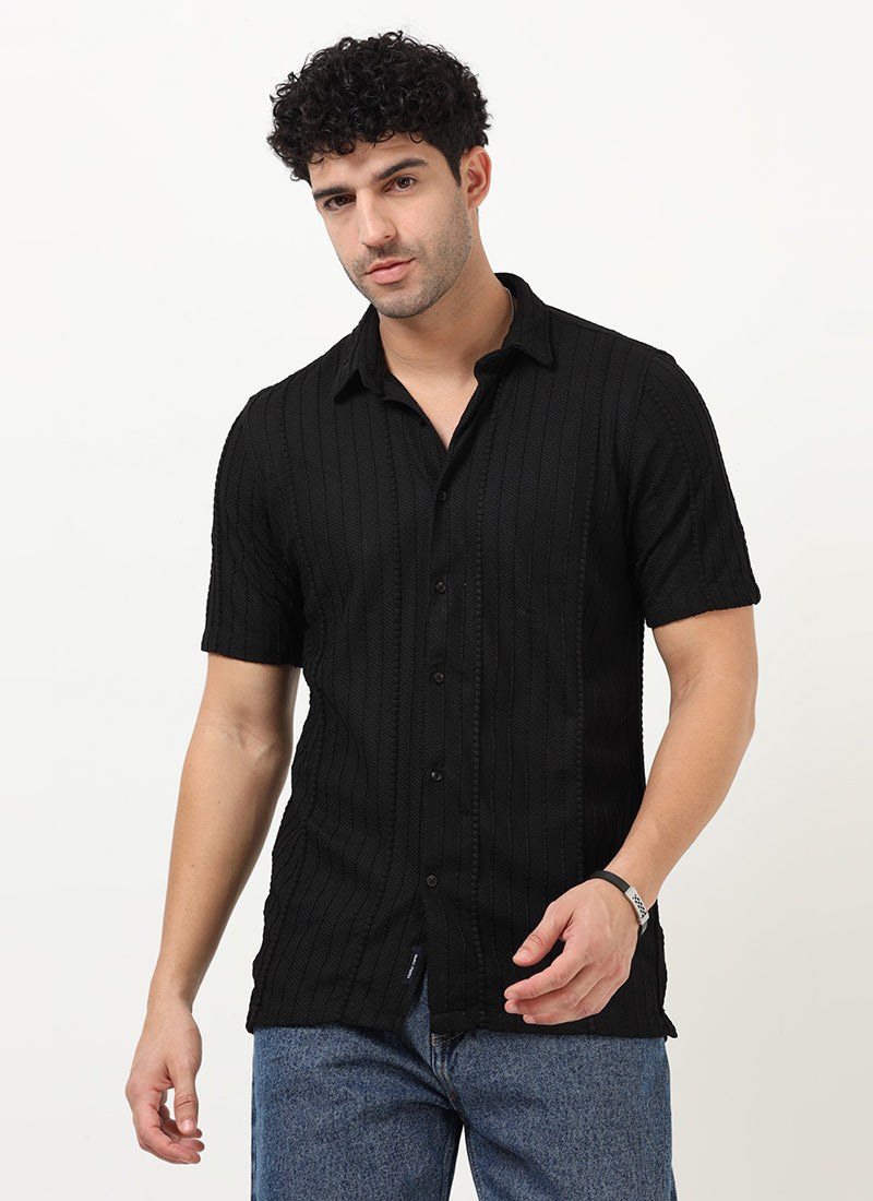 VERTIX Striped Textured Shirt Black Anthracite_ Model Front View