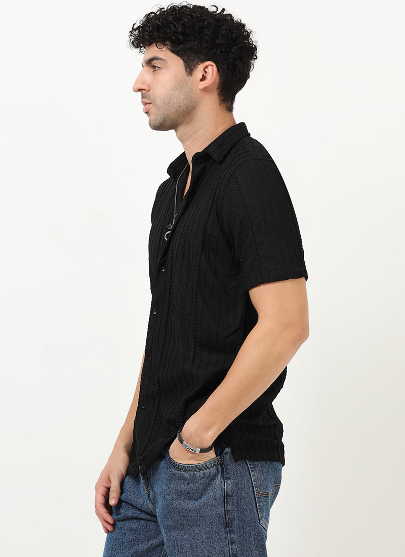 VERTIX Striped Textured Shirt Black Anthracite_ Model Side View