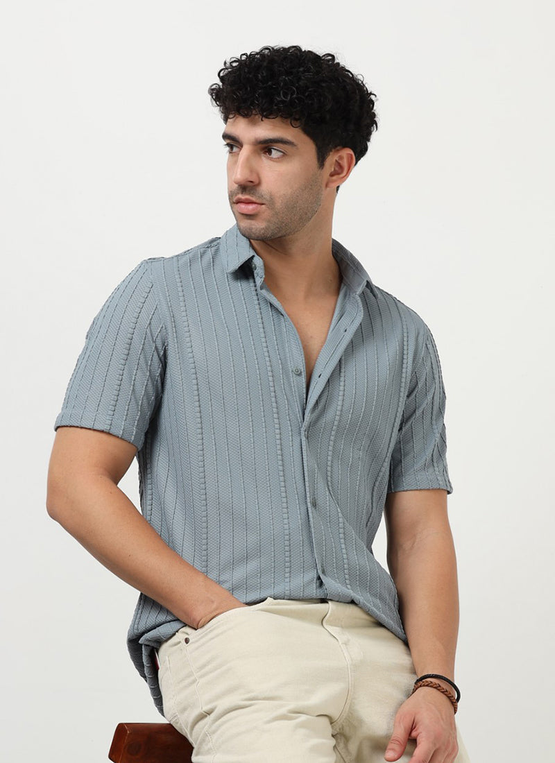 VERTIX Striped Textured Shirt Dusty Blue-Front View