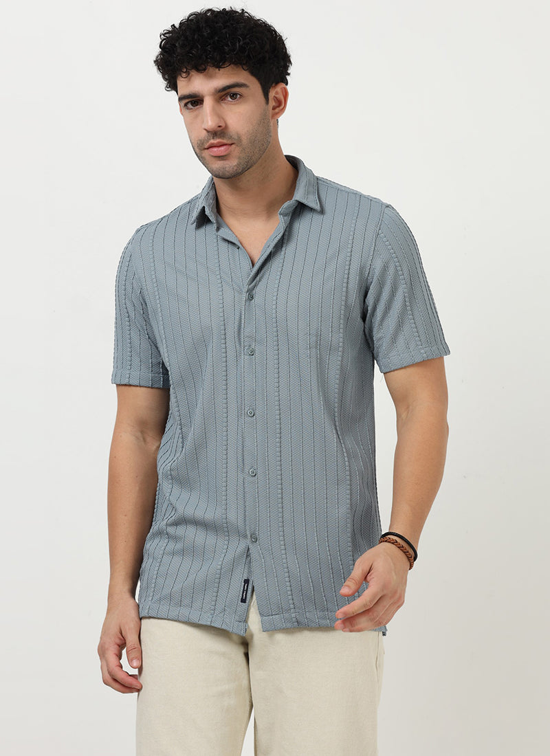 VERTIX Striped Textured Shirt Dusty Blue-Model Front View