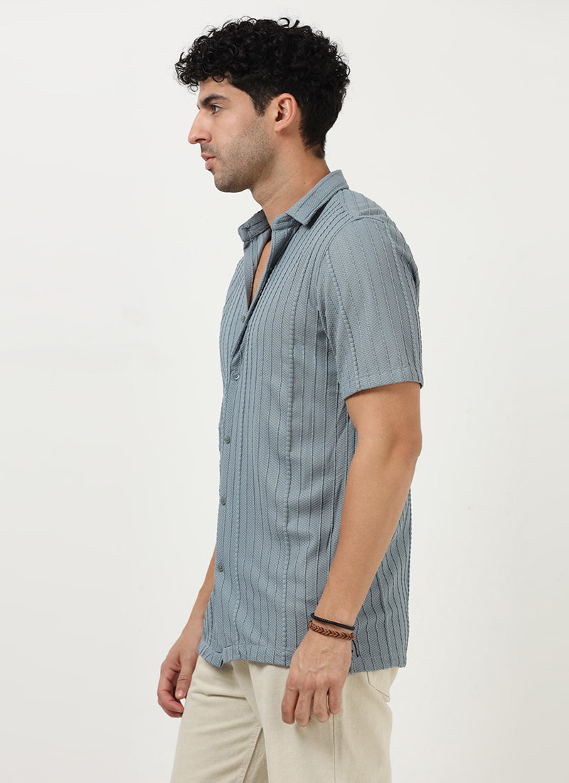 VERTIX Striped Textured Shirt Dusty Blue-Model side View