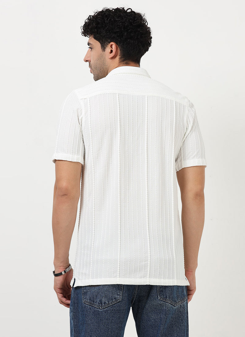VERTIX Striped Textured Shirt Ivory White-Back View