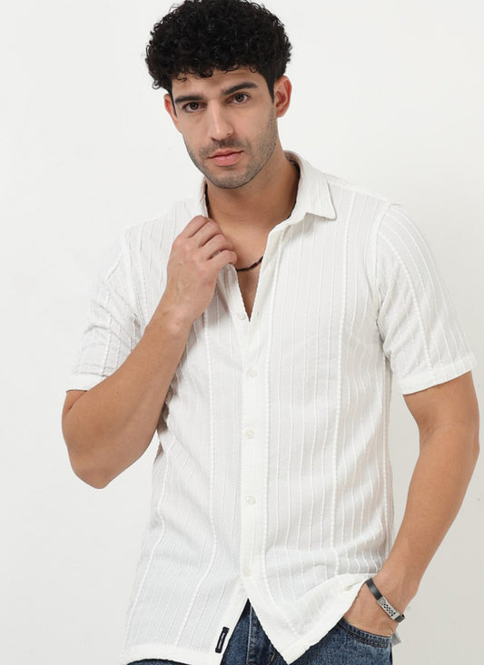 VERTIX Striped Textured Shirt Ivory White-Front View