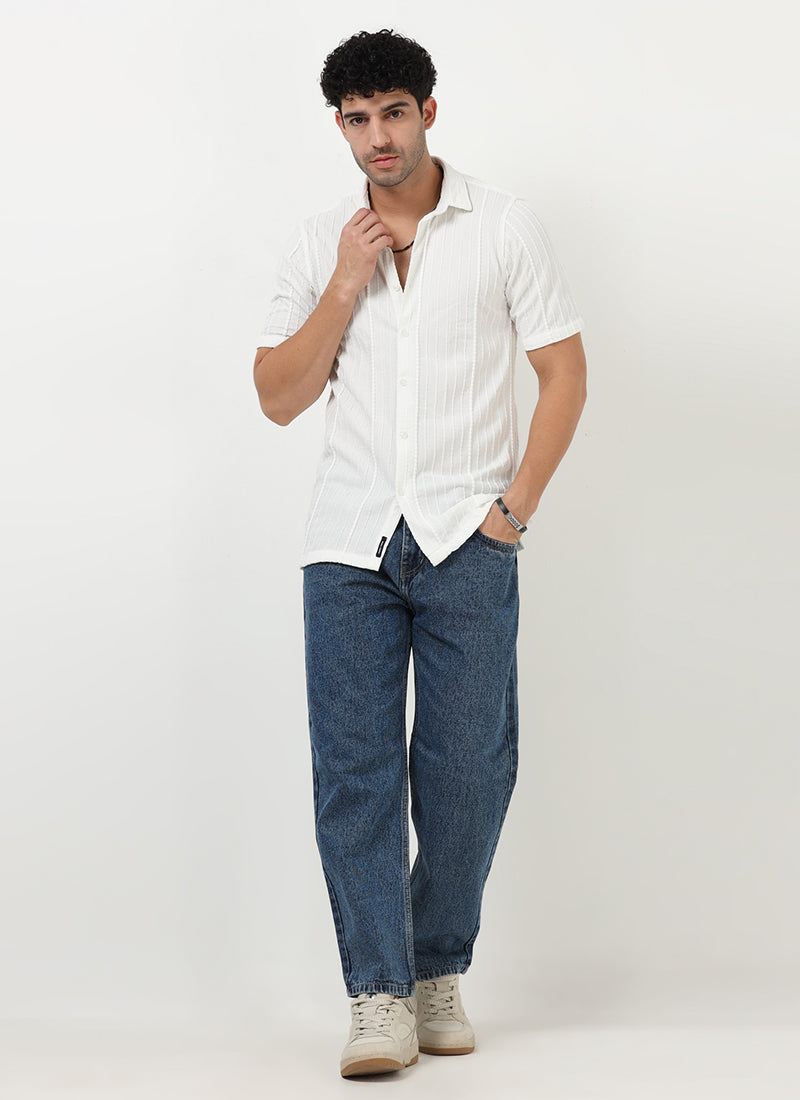 VERTIX Striped Textured Shirt Ivory White-Model Front View