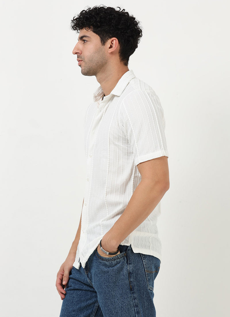 VERTIX Striped Textured Shirt Ivory White-Model Side View