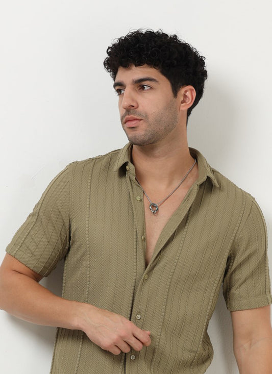 VERTIX Striped Textured Shirt Sage Khaki_Front View