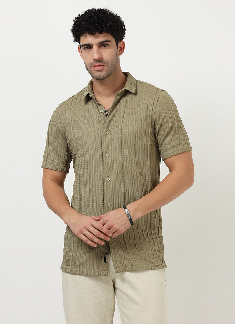 VERTIX Striped Textured Shirt Sage Khaki_Model Front View