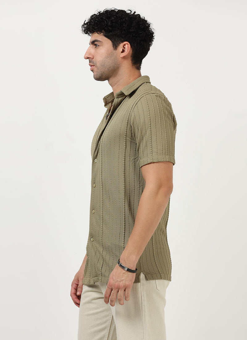 VERTIX Striped Textured Shirt Sage Khaki_Model Side View