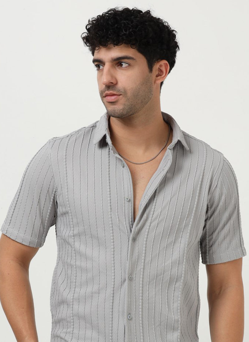 VERTIX Striped Textured Shirt Silver Grey-Front View