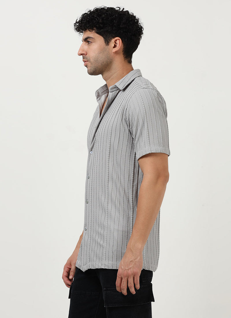 VERTIX Striped Textured Shirt Silver Grey- Model Side View
