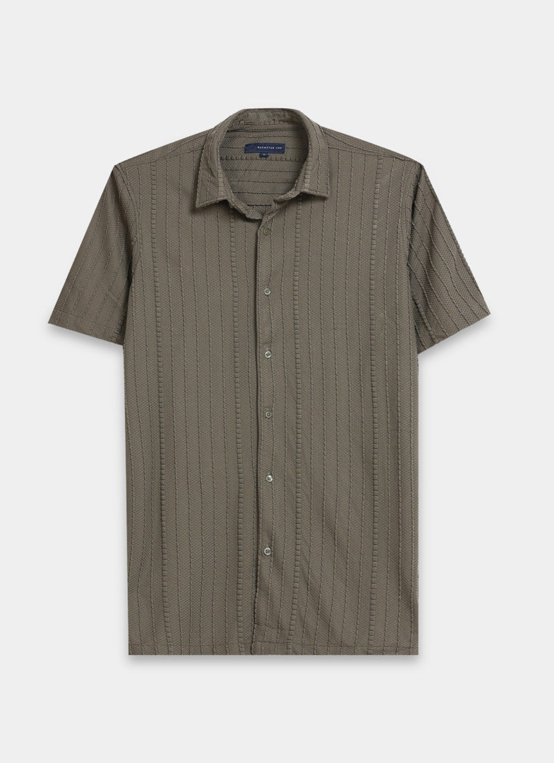 VERTIX Striped Textured Shirt Taupe Olive-Flatlay Front View