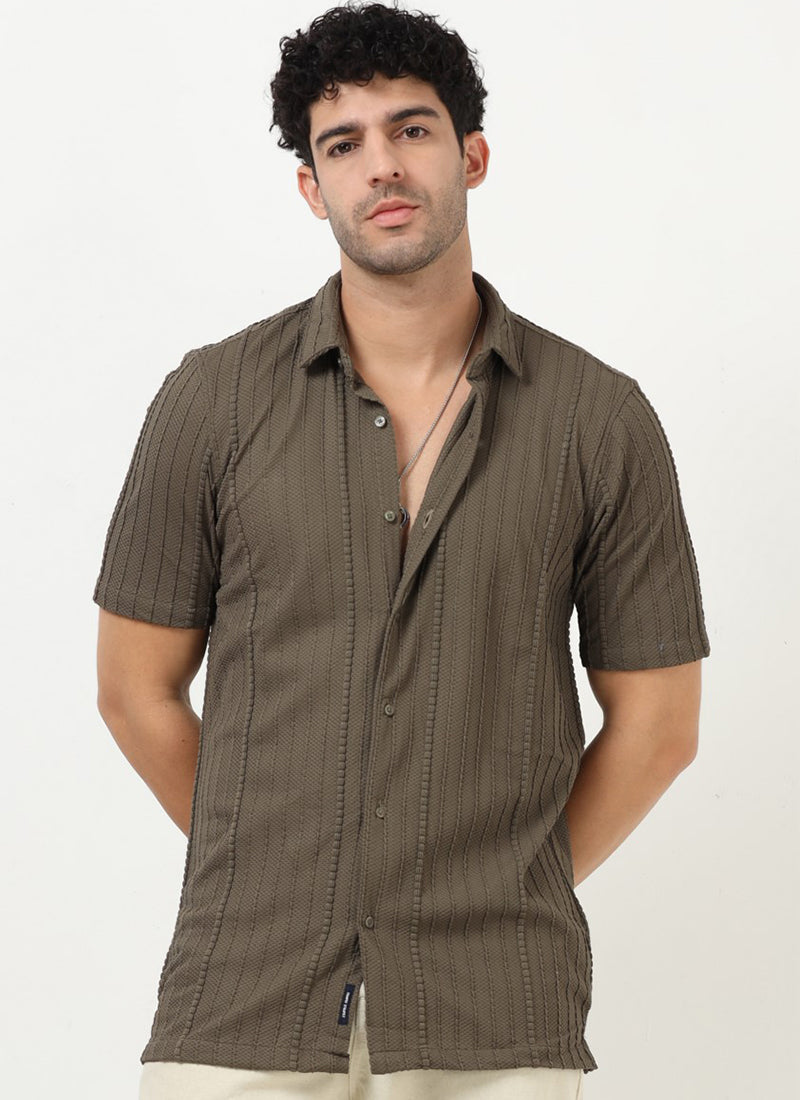 VERTIX Striped Textured Shirt Taupe Olive-Front View