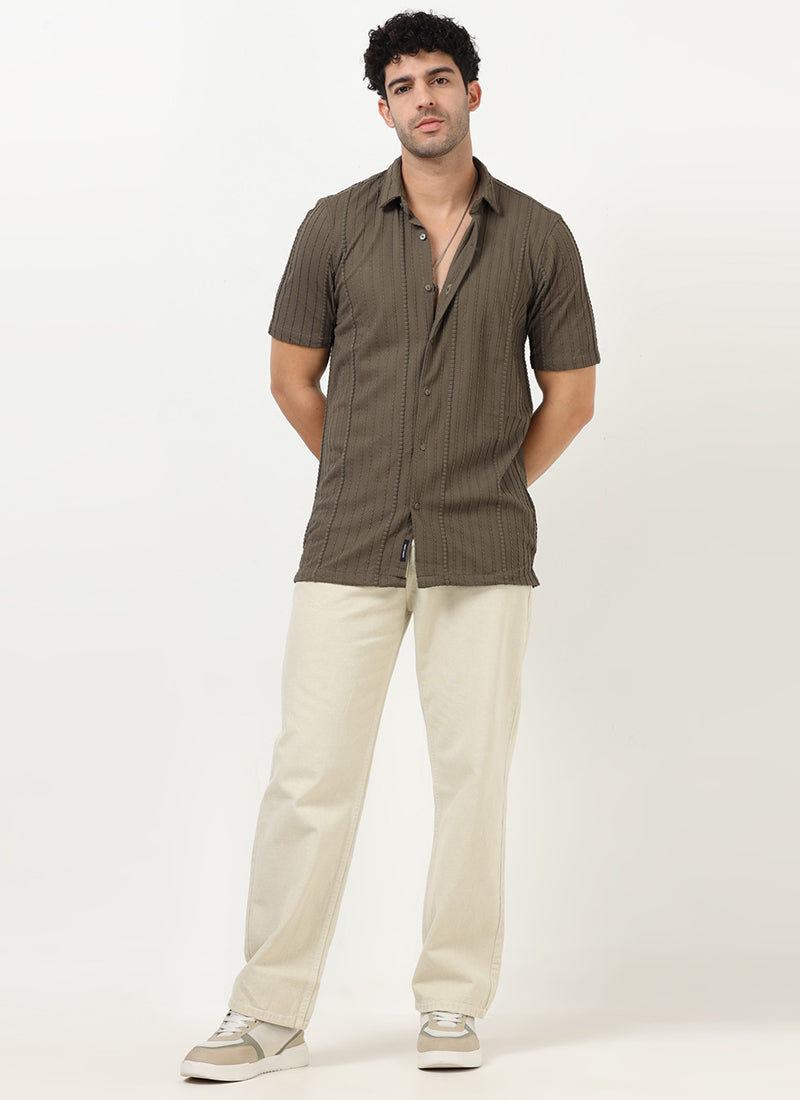 VERTIX Striped Textured Shirt Taupe Olive-Model Front View