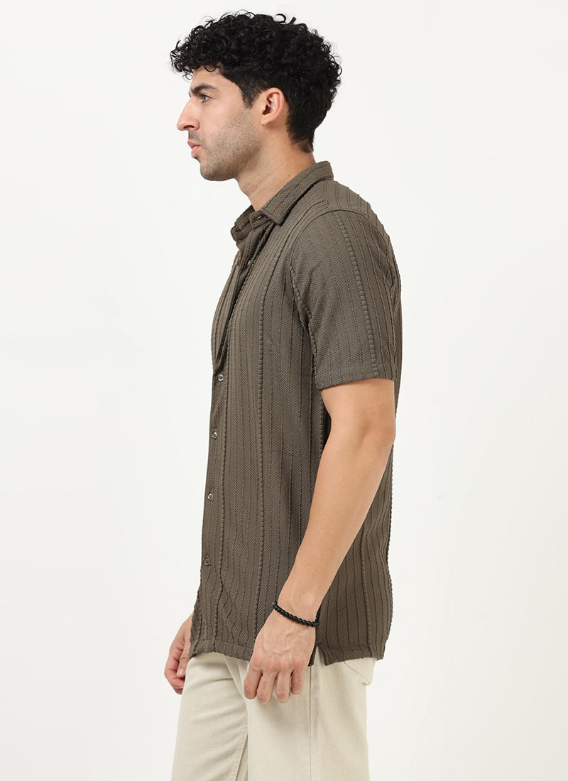VERTIX Striped Textured Shirt Taupe Olive-Model Side View