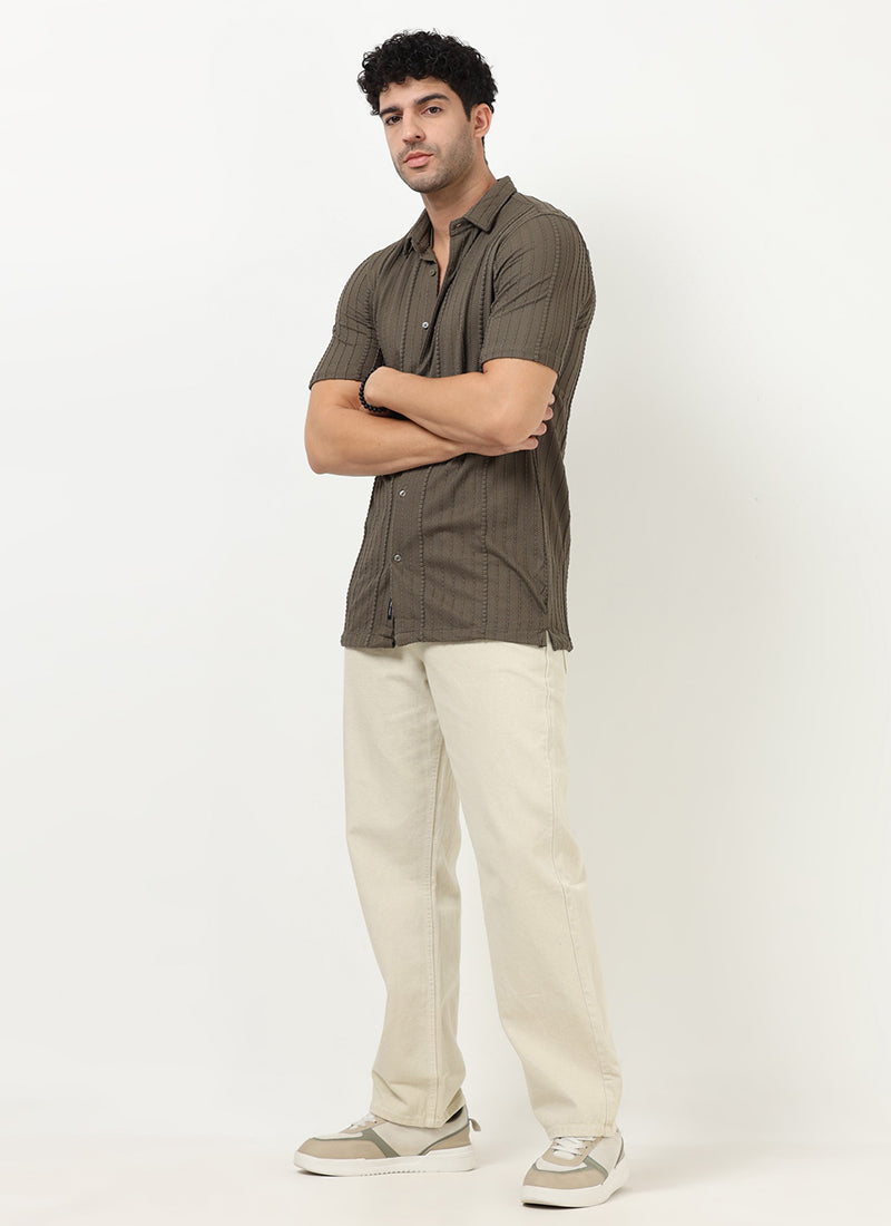 VERTIX Striped Textured Shirt Taupe Olive-Model View