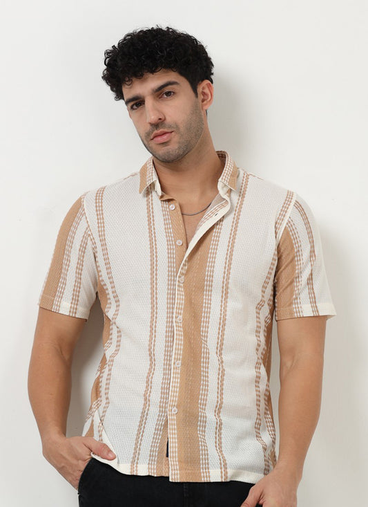 VOLT Jacquard Striped Knit Shirt Off White Beige-Front View