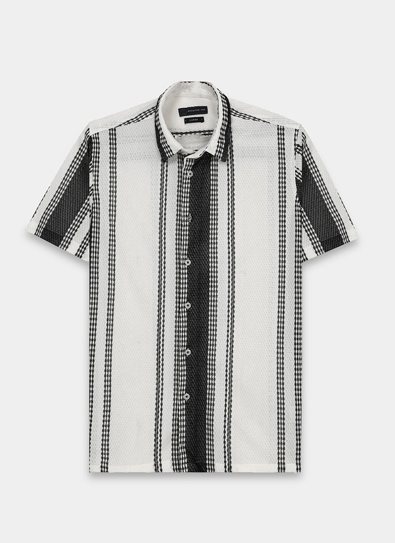 VOLT Jacquard Striped Knitted Shirt Off White Black-Flatlay Front View