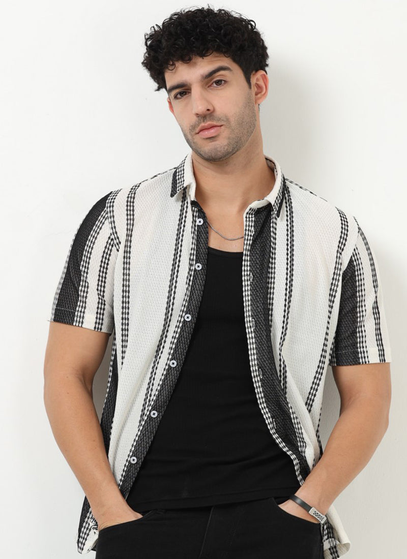 VOLT Jacquard Striped Knitted Shirt Off White Black-Front View