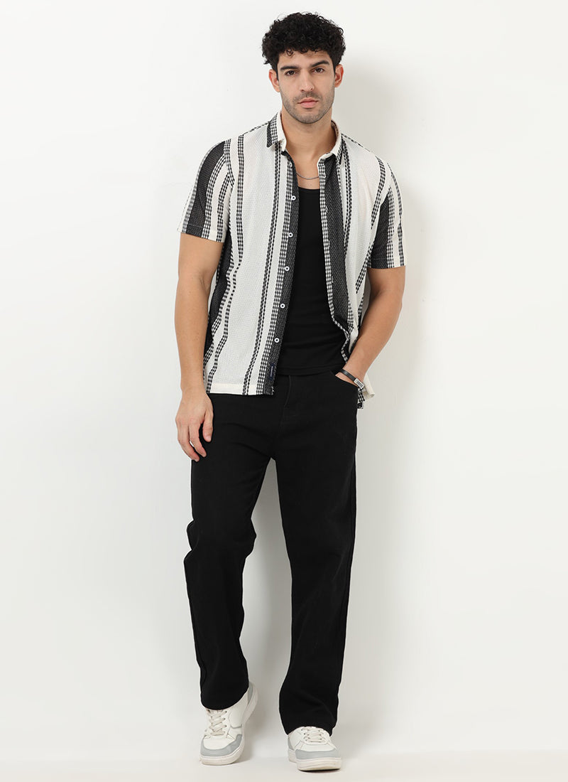 VOLT Jacquard Striped Knitted Shirt Off White Black- Model Front View