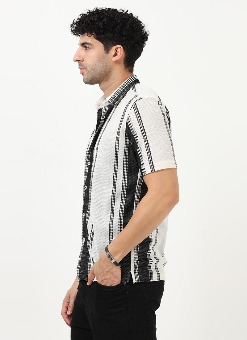 VOLT Jacquard Striped Knitted Shirt Off White Black- Model Side View