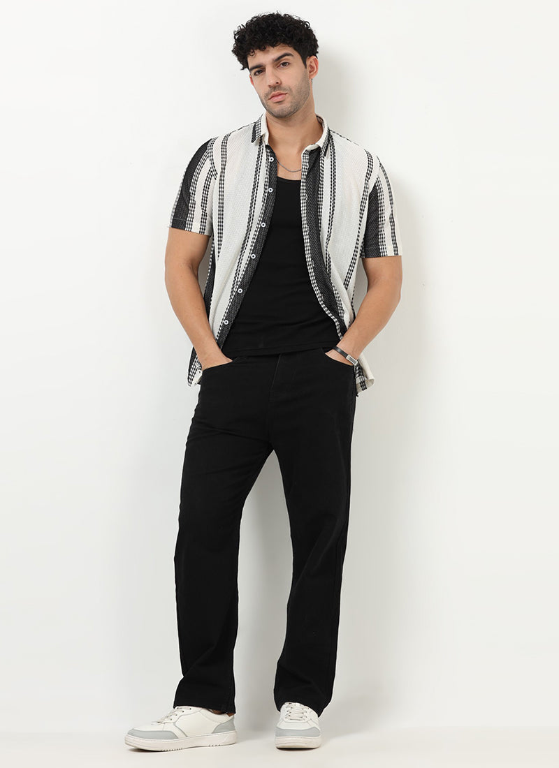 VOLT Jacquard Striped Knitted Shirt Off White Black- Model View