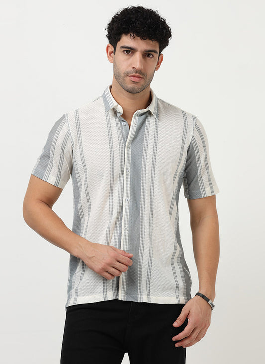 VOLT Jacquard Striped Knitted Shirt Off White Grey-Front View