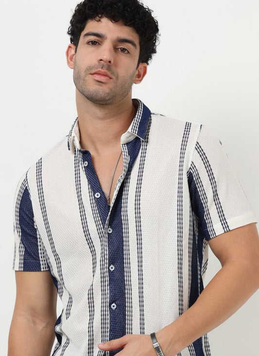 VOLT Jacquard Striped Knitted Shirt Off White Navy-Front View