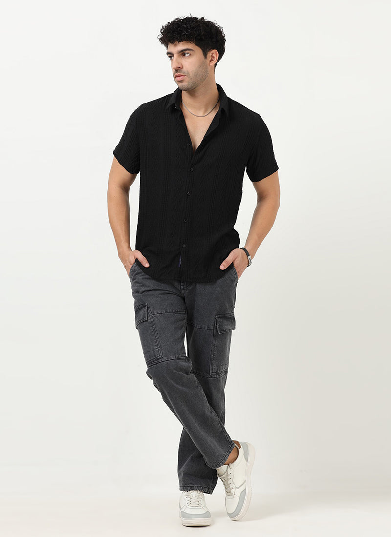 WAVE - Regular Fit Knitted Shirt Black - Model Front View