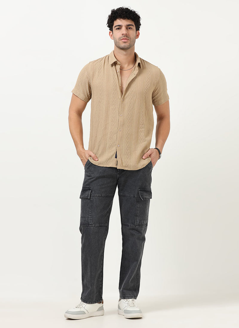 WAVE Regular Fit Knitted Shirt Sand Beige-Model Front  view