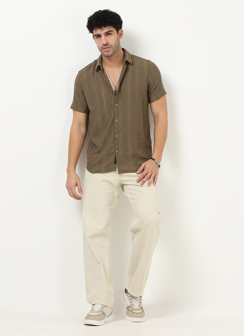 WAVE Regular Fit Knitted Shirt Taupe Olive- Model Front view