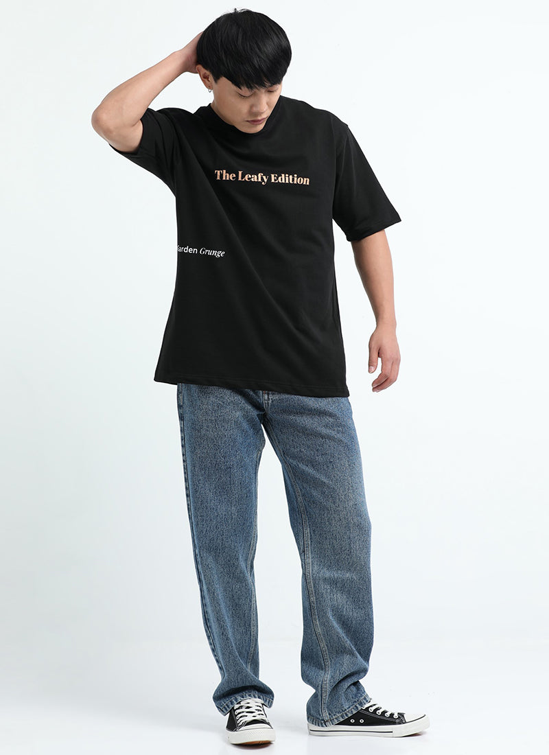 WELLNESS IN BLOOM Oversized Cotton Printed T-Shirt Black Anthracite - Matching Jeans