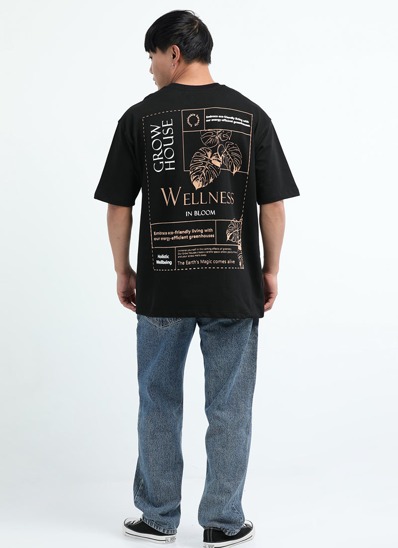 WELLNESS IN BLOOM Oversized Cotton Printed T-Shirt Black Anthracite - Model Back View