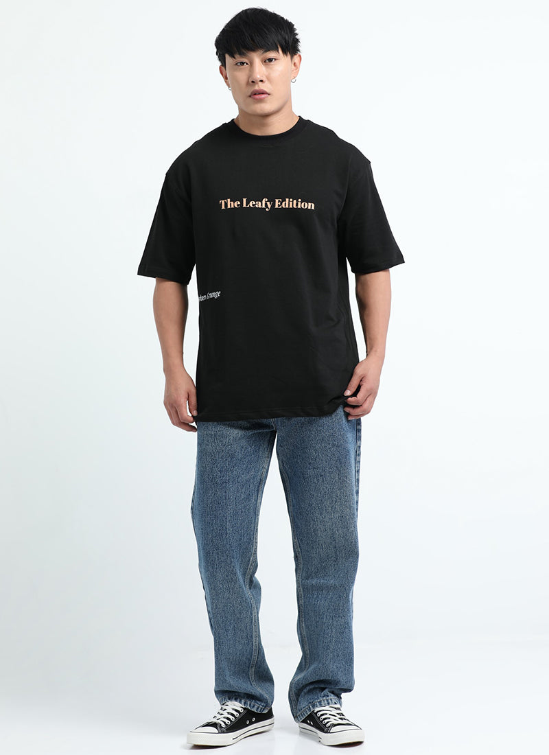 WELLNESS IN BLOOM Oversized Cotton Printed T-Shirt Black Anthracite - Model Full View