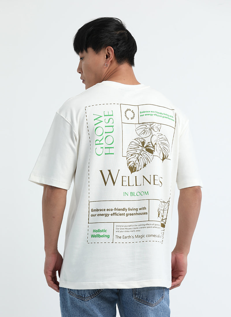 WELLNESS IN BLOOM Oversized Cotton Printed T-Shirt Off White - Back View