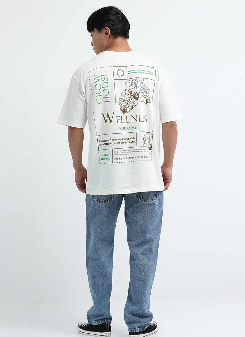 WELLNESS IN BLOOM Oversized Cotton Printed T-Shirt Off White - Model back View