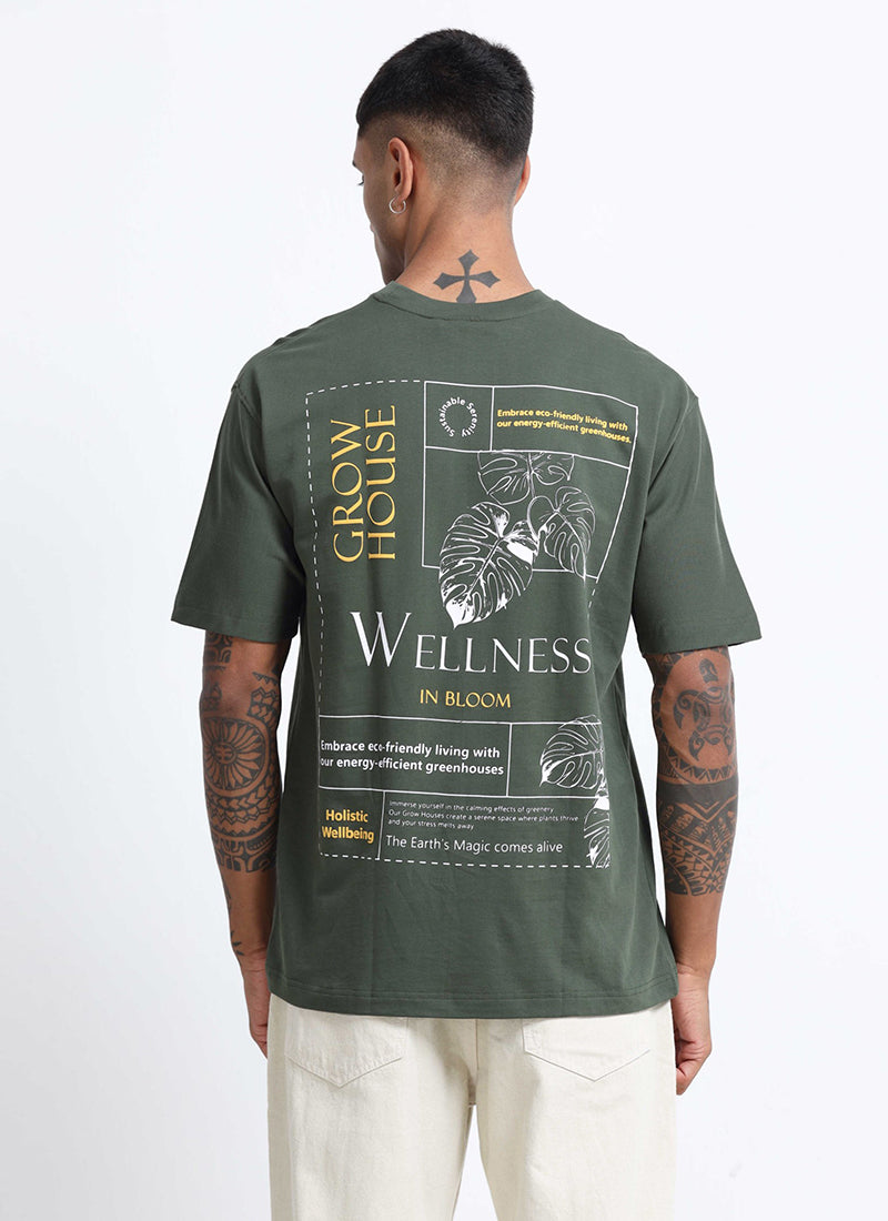 WELLNESS IN BLOOM Oversized Cotton Printed T-Shirt Woodland Green - Back Prints View