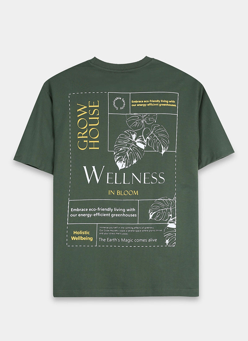 WELLNESS IN BLOOM Oversized Cotton Printed T-Shirt Woodland Green - Flatlay Back Prints View