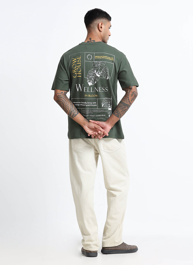 WELLNESS IN BLOOM Oversized Cotton Printed T-Shirt Woodland Green - Model Back Prints View