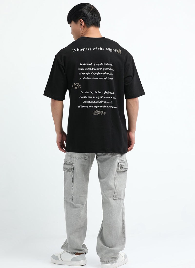WHISPERS OF THE NIGHT Oversized Cotton Printed T-Shirt Jet Black - Back Prints