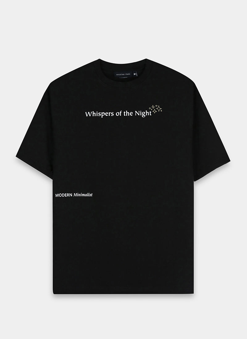 WHISPERS OF THE NIGHT Oversized Cotton Printed T-Shirt Jet Black - Flatlay Front View