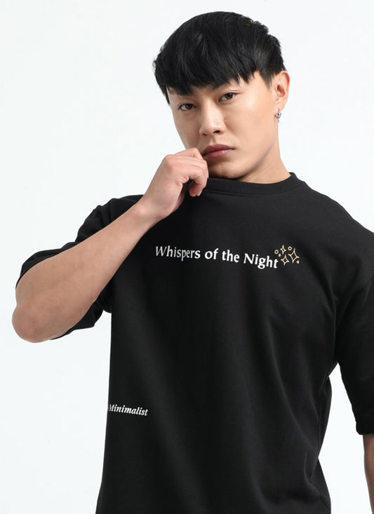 WHISPERS OF THE NIGHT Oversized Cotton Printed T-Shirt Jet Black- Front View