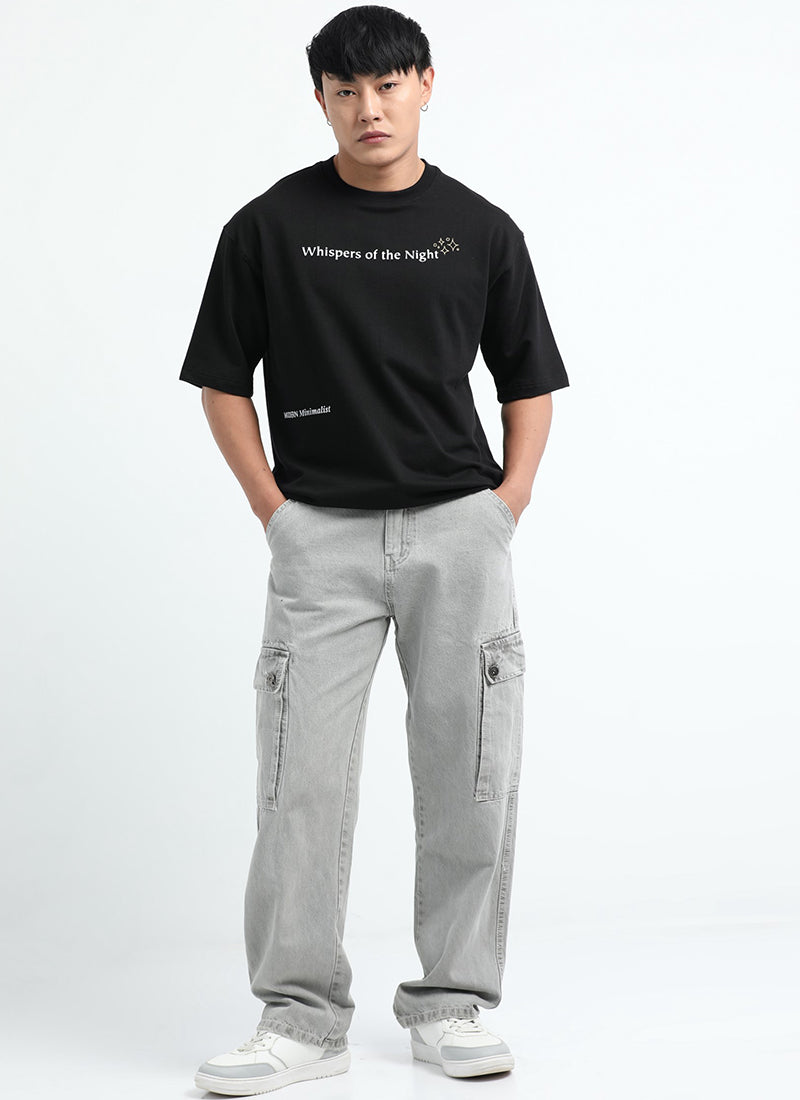 WHISPERS OF THE NIGHT Oversized Cotton Printed T-Shirt Jet Black - Matching Cargo Pants