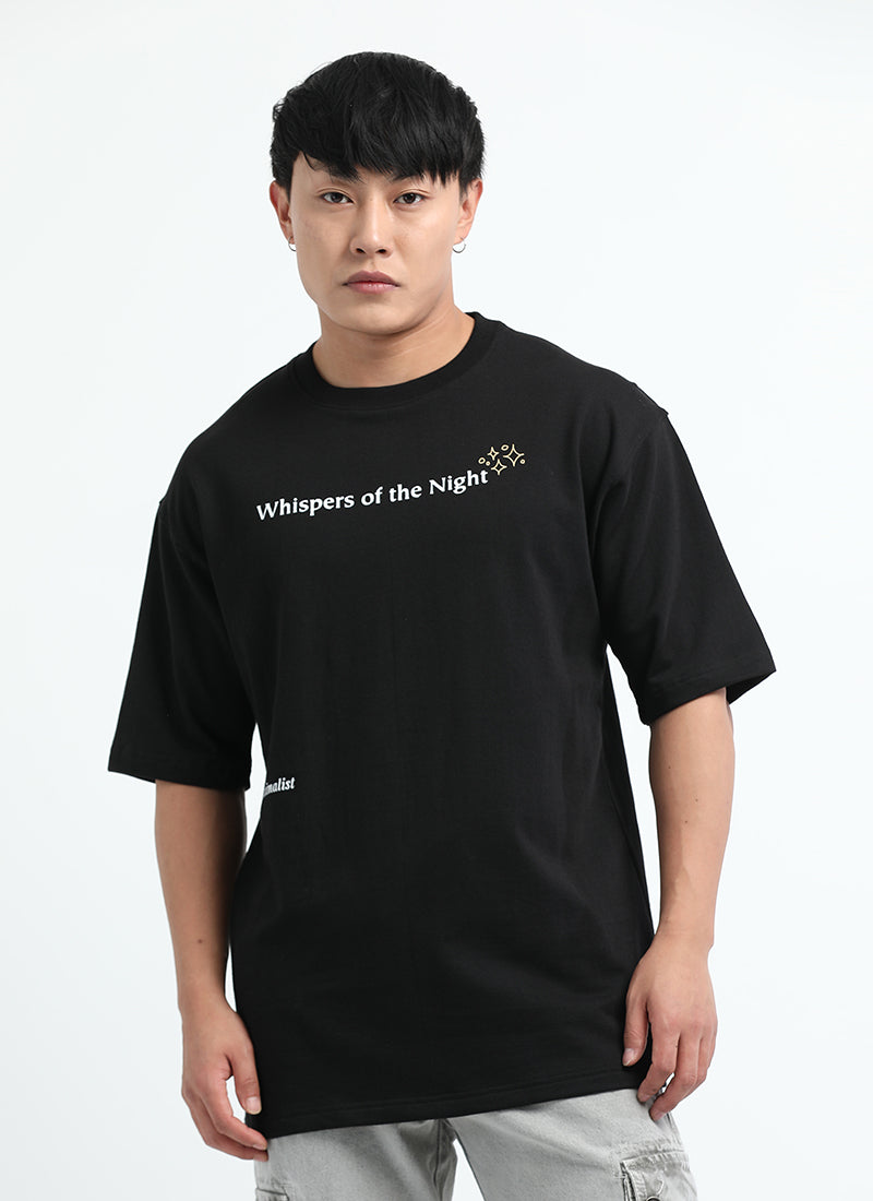 WHISPERS OF THE NIGHT Oversized Cotton Printed T-Shirt Jet Black - Model Front View